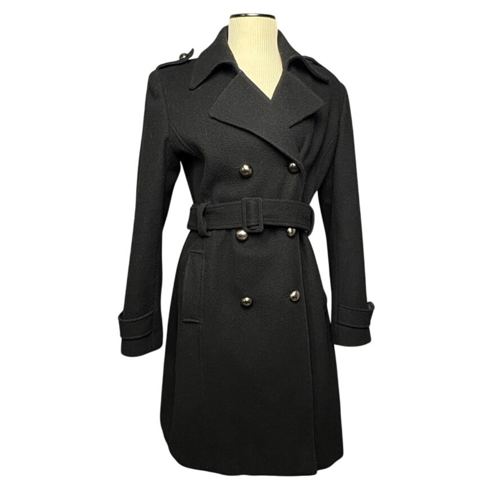 New York & Company Black Wool‎ Blend Double Breasted Belted Trench Coat Women 4